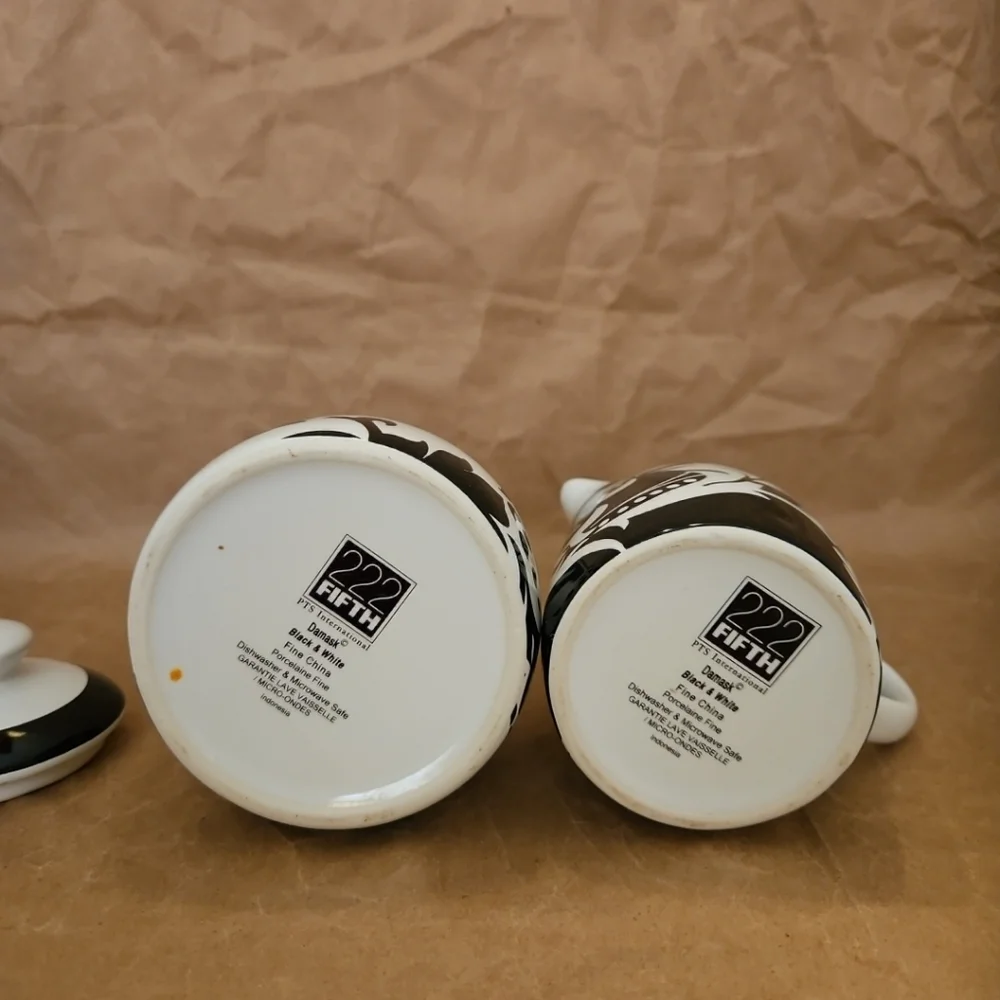 Set 222 Fifth Black & White DAMASK Black ART DECO Stoneware Cream And Sugar - Picture 6 of 7